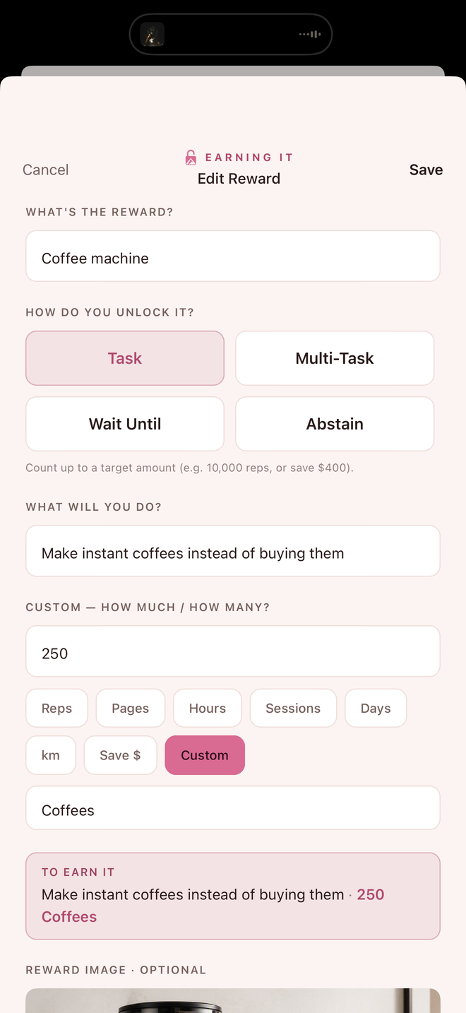 Setting up a reward in Earning It's Blush theme: coffee machine, unlocked by 250 home-made coffees