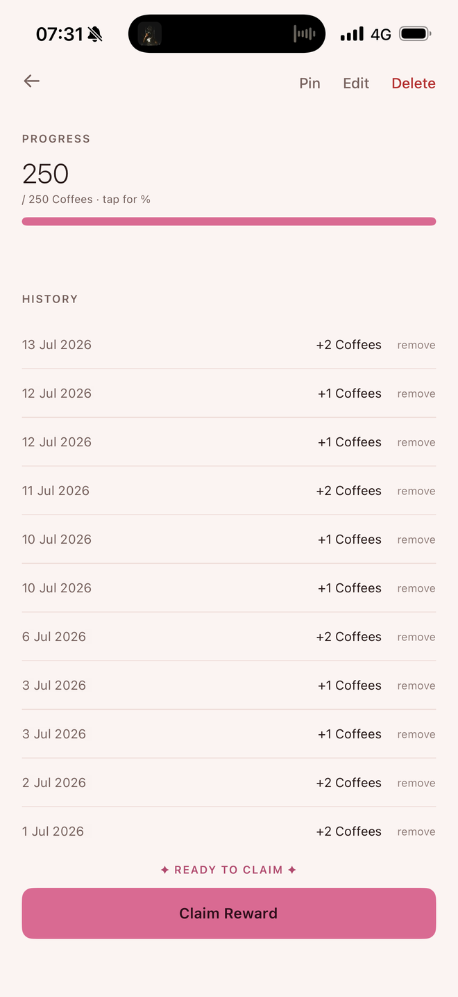 Completed coffee machine reward at 250 of 250 with a day-by-day history and Claim Reward button