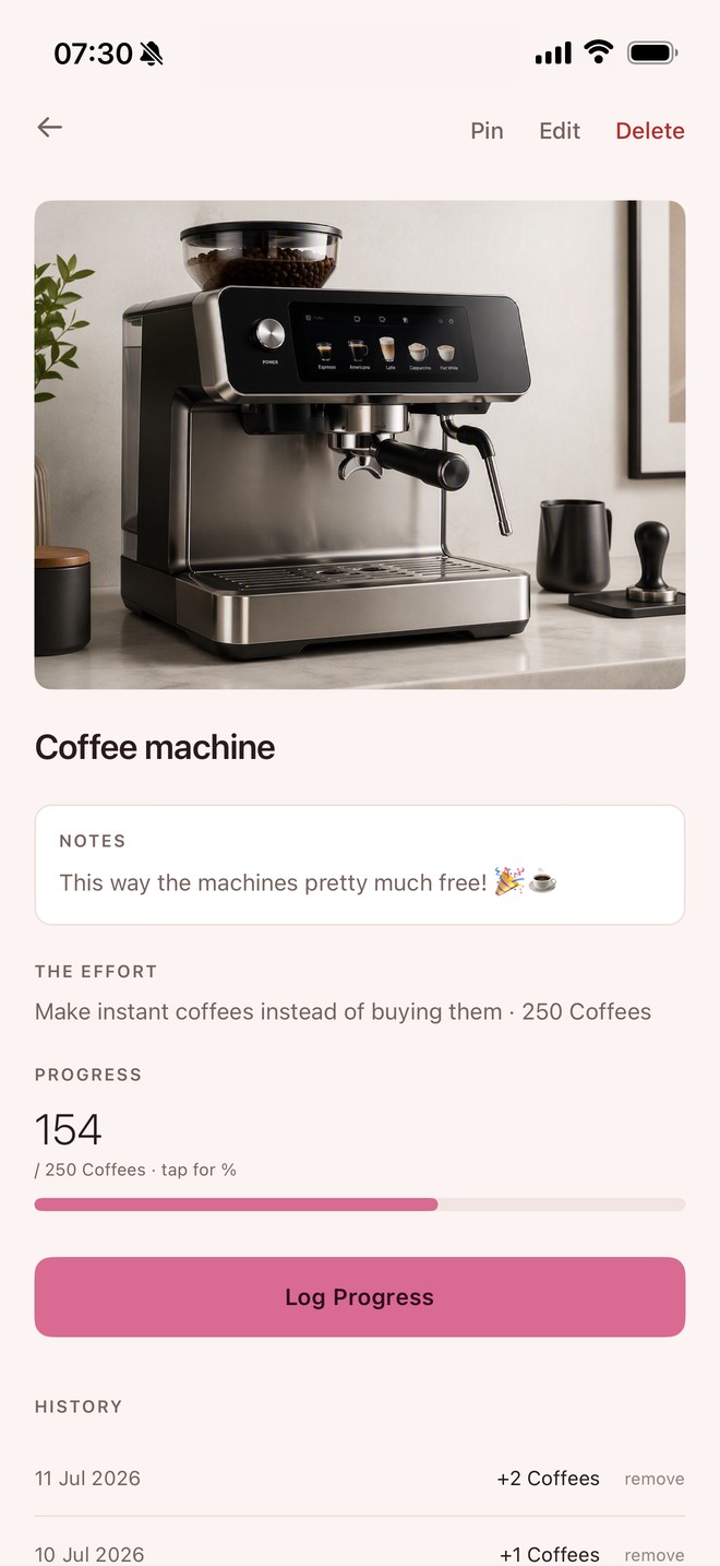 Reward detail showing 154 of 250 coffees logged, progress bar, log button and day-by-day history