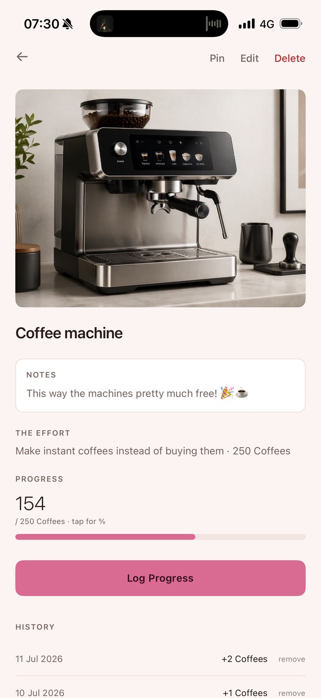 Reward detail showing 154 of 250 coffees logged, progress bar, log button and day-by-day history