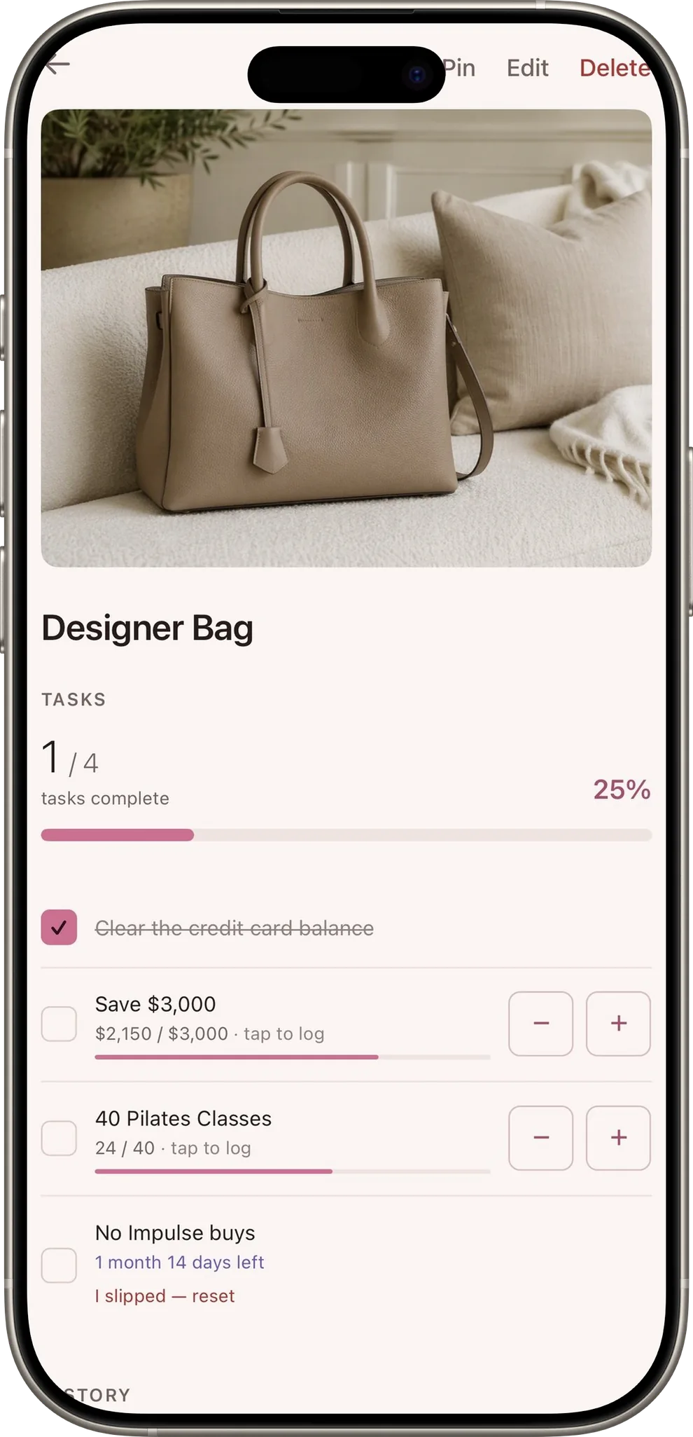 A designer handbag reward, mid-progress