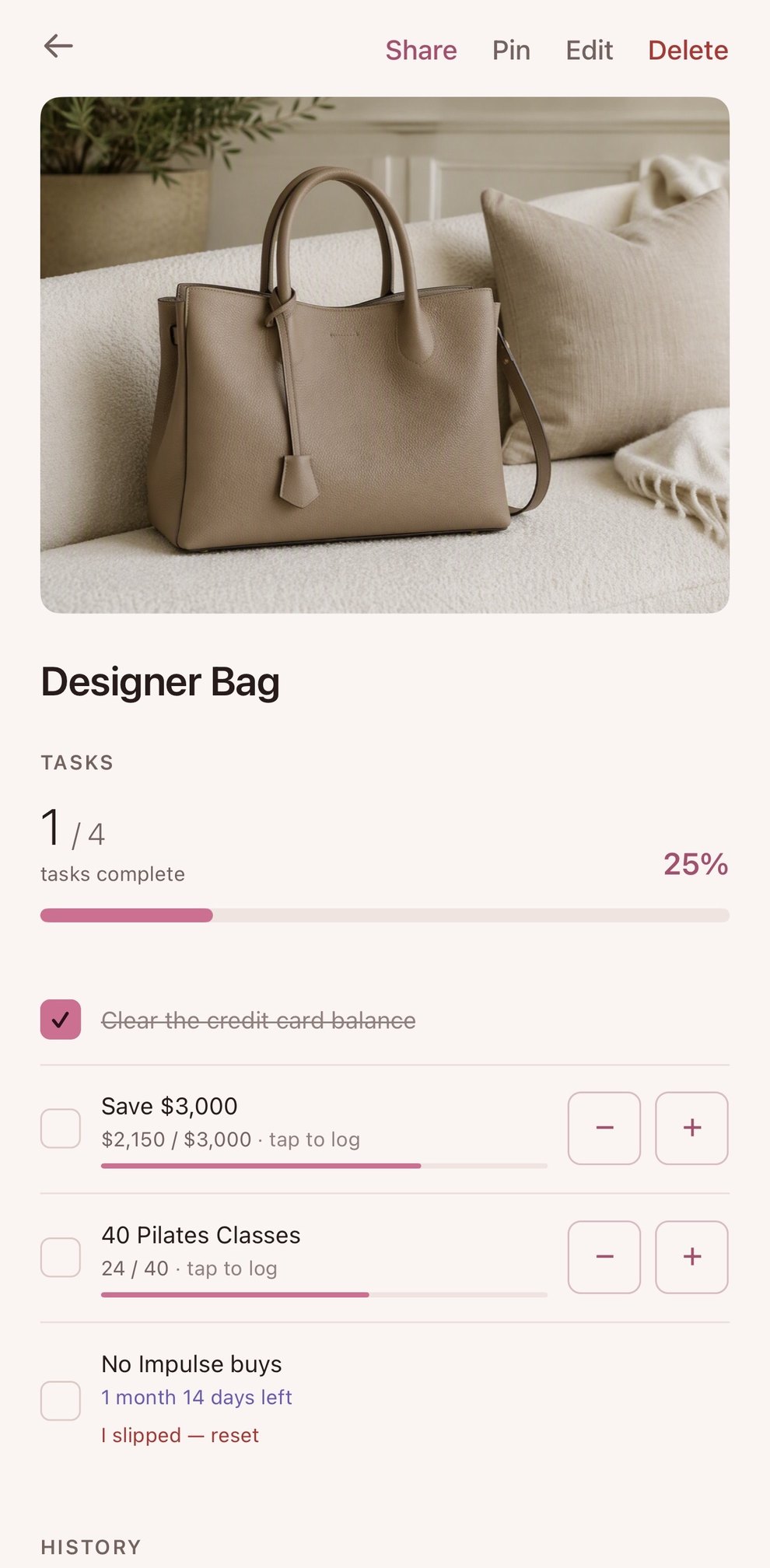 A designer handbag reward, mid-progress