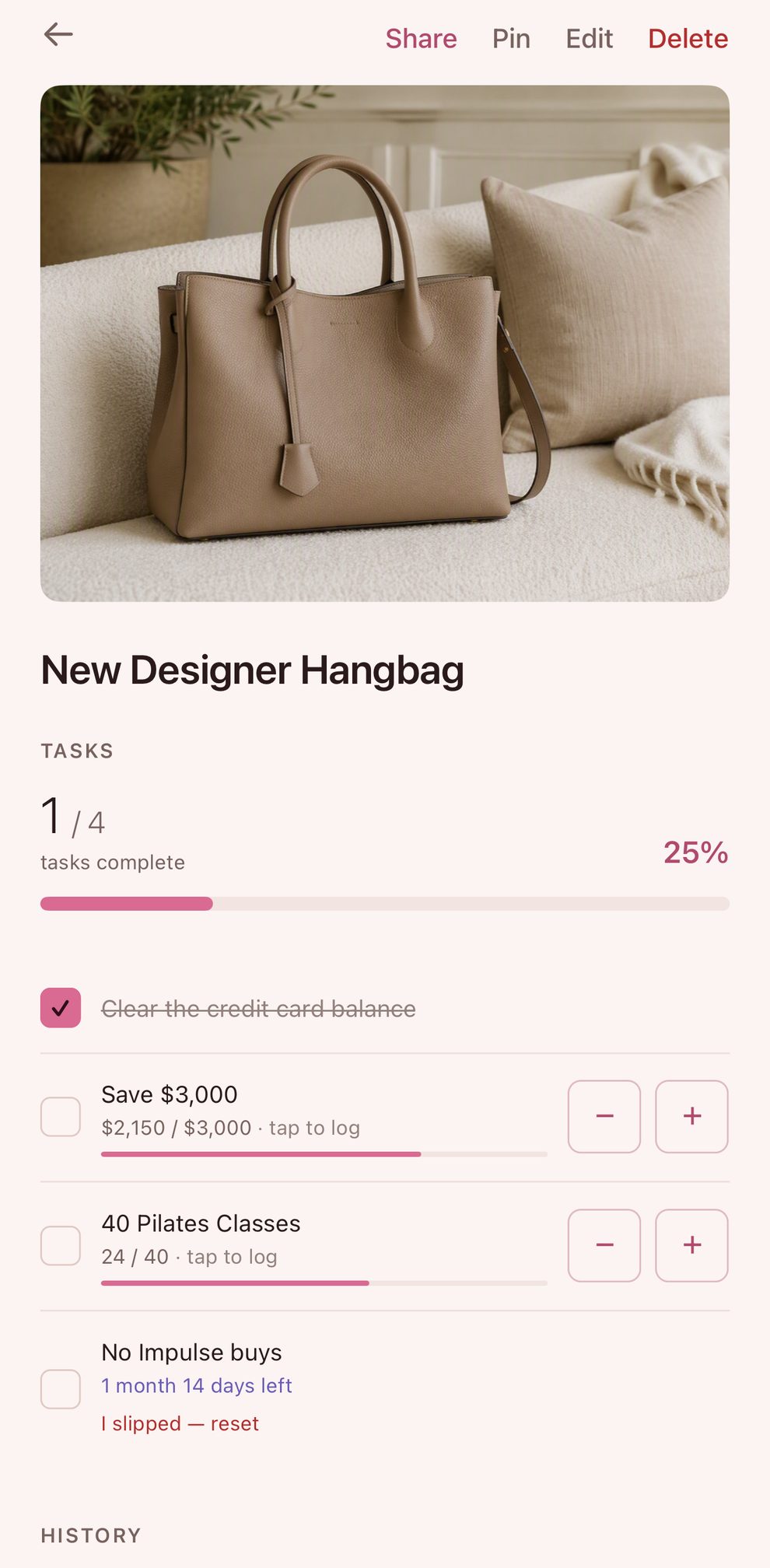 A designer handbag reward, mid-progress