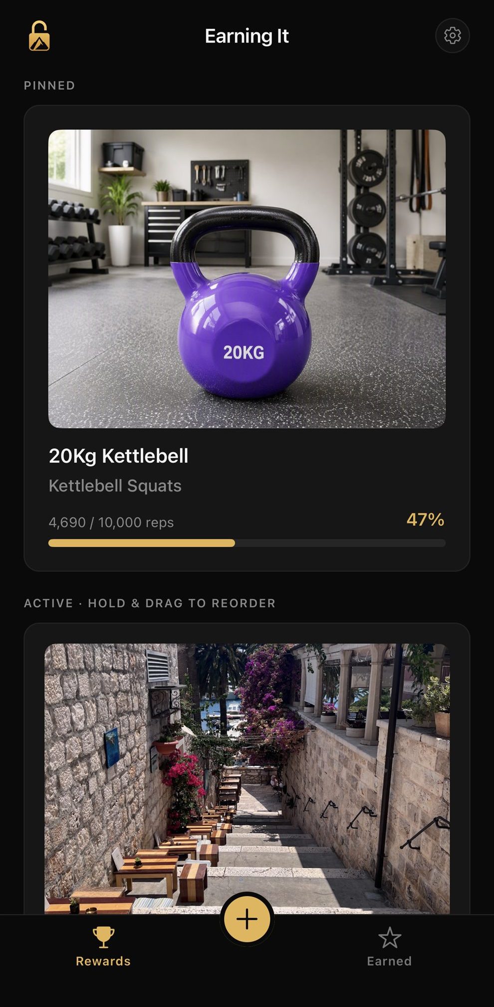 Home screen: a 20kg kettlebell being earned