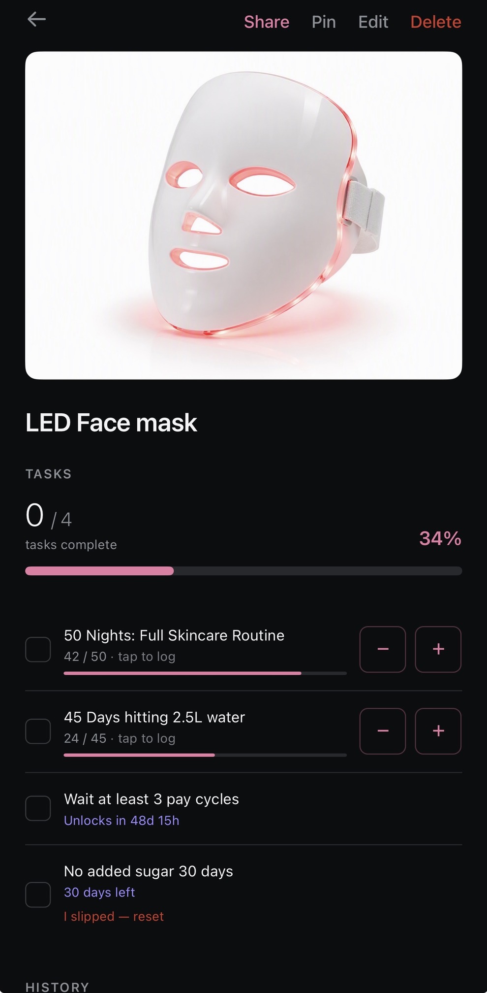 An LED face mask reward: skincare nights, water and no added sugar