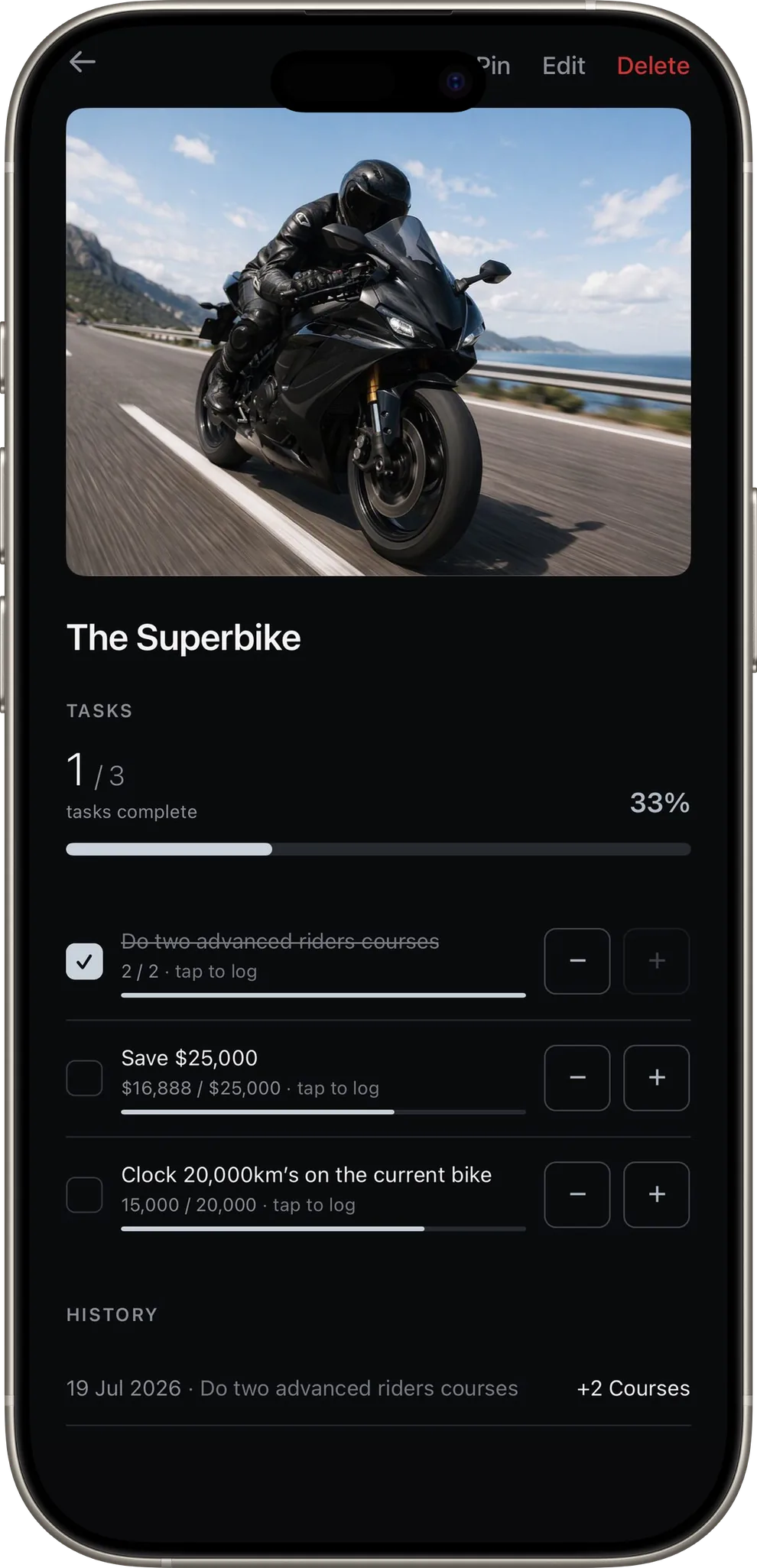A superbike reward with per-task progress