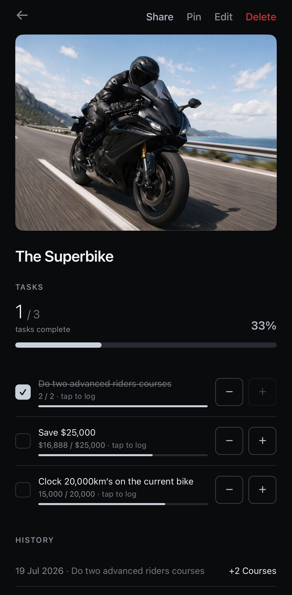 A superbike reward with per-task progress