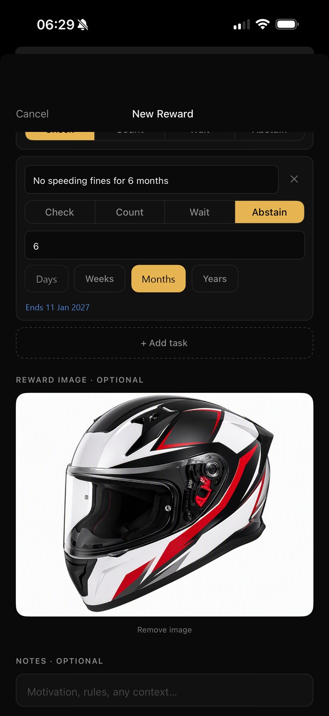 Abstain task configured for six months, ending 11 Jan 2027, with the helmet as the reward image