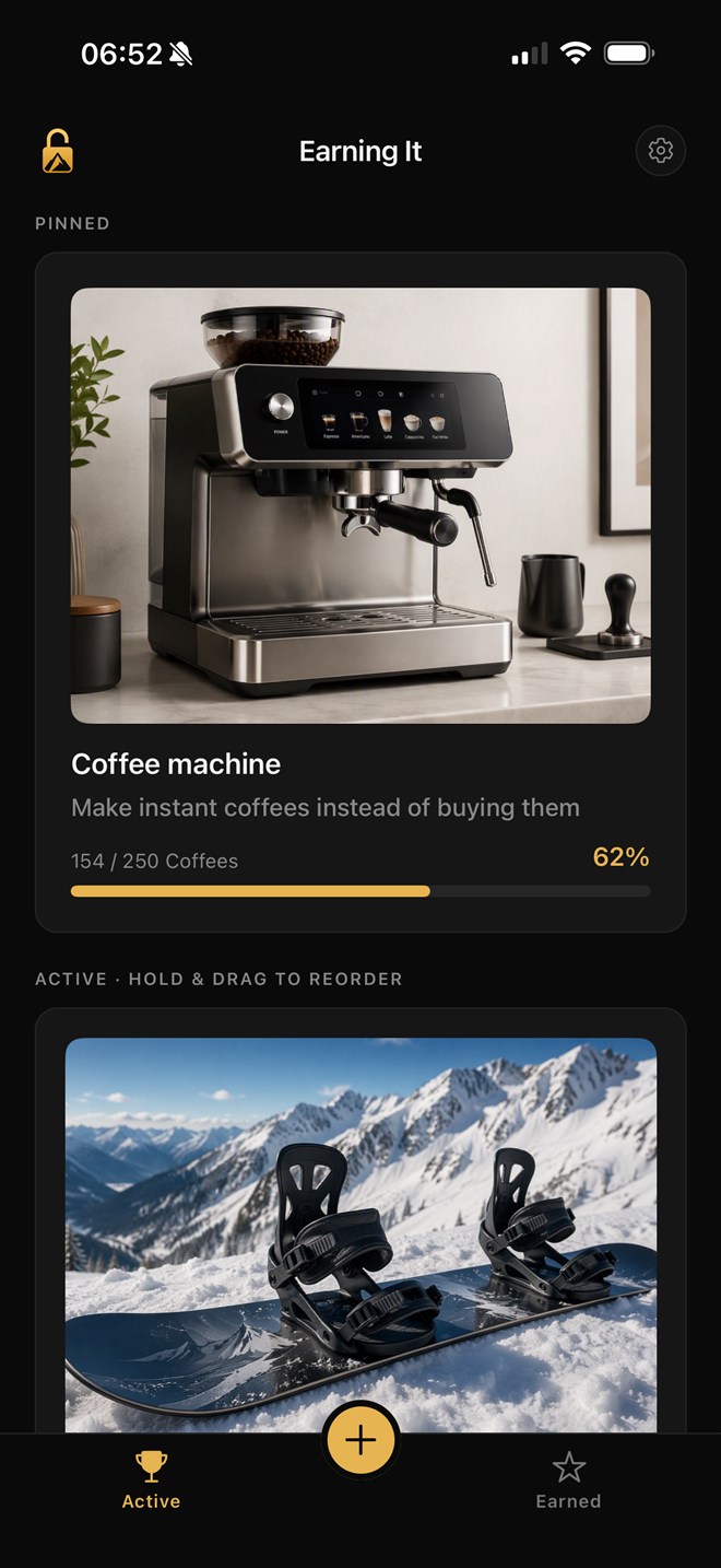 Earning It home screen with a pinned coffee machine reward at 62 percent and more rewards below
