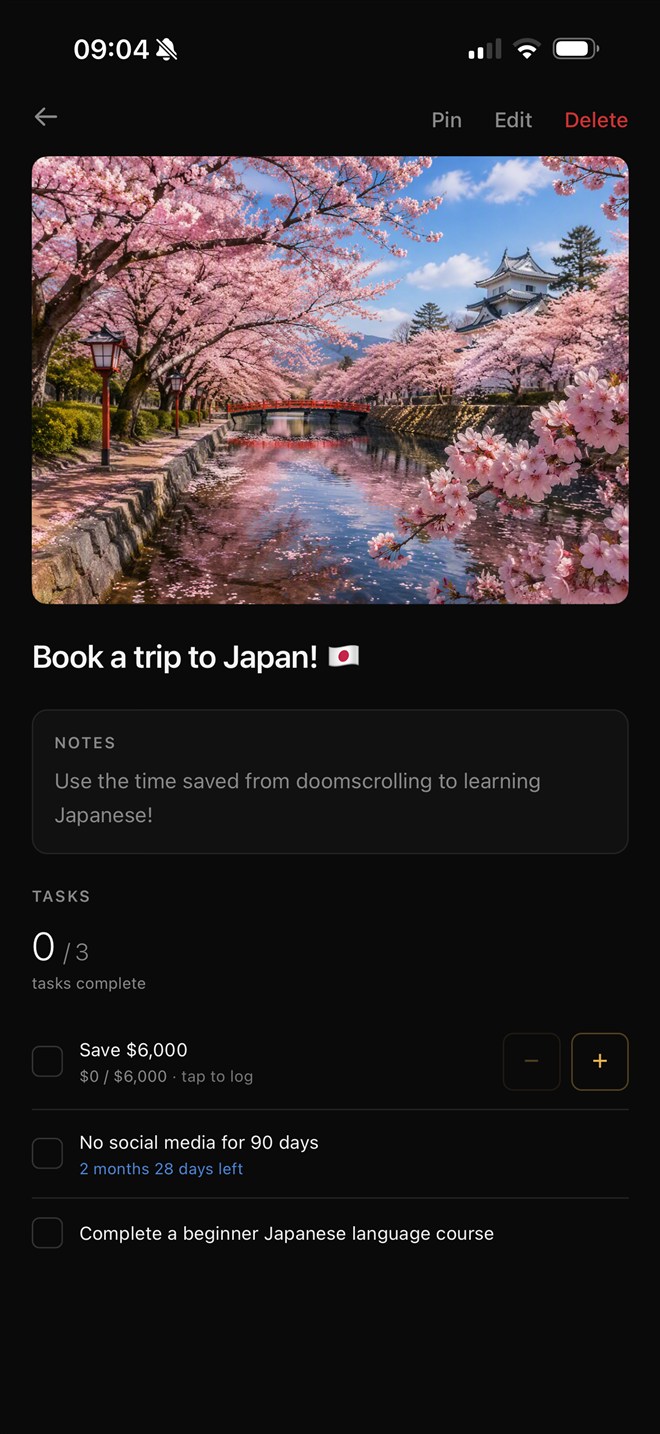 Japan trip reward in progress: 0 of 3 tasks, savings at zero, 2 months 28 days of no social media left