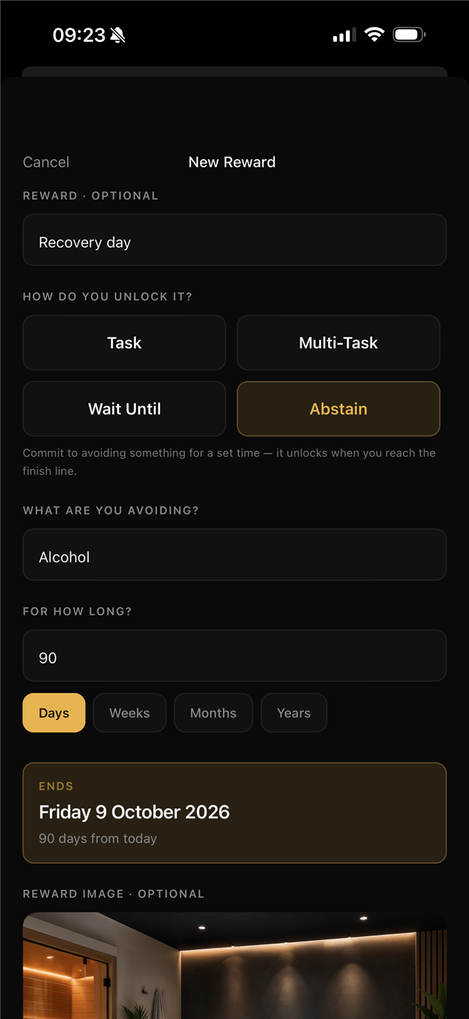 Creating an abstain reward: recovery day earned by avoiding alcohol for 90 days