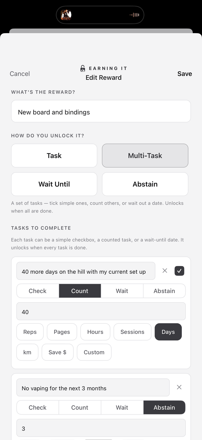 Editing a multi-task reward in the Light theme: new snowboard and bindings, priced with a 40-day riding count and a three-month no-vaping abstain