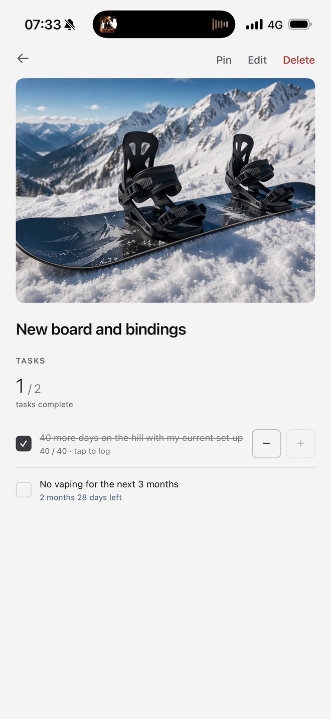Snowboard reward detail: 40 of 40 days complete and crossed out, no vaping for 3 months with 2 months 28 days left