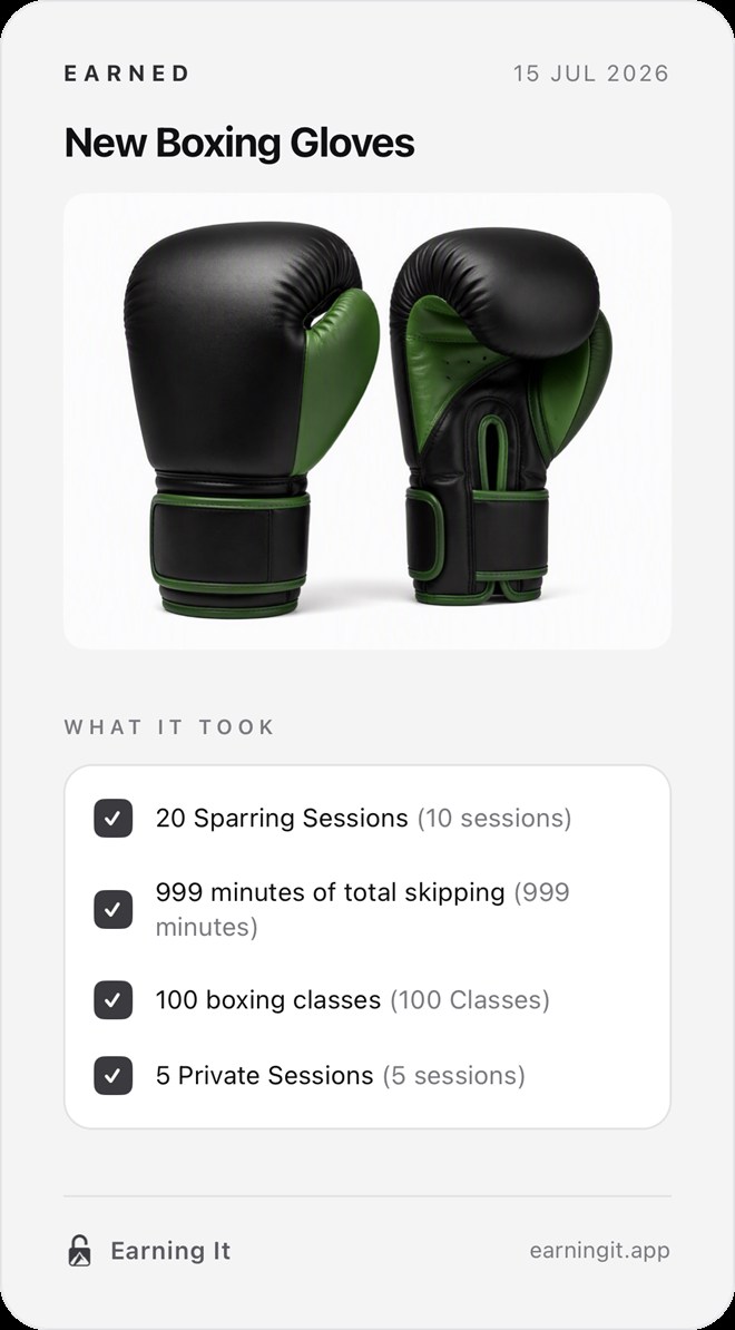 Earning It share card: New Boxing Gloves earned — 100 boxing classes and 5 private sessions ticked off