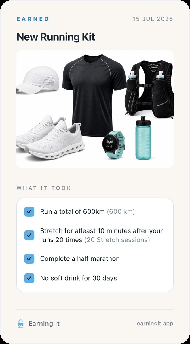 Earning It share card: New Running Kit earned — 600 km run, 20 stretch sessions, a half marathon and 30 days off soft drink, all ticked off