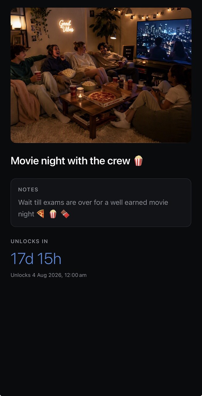 Wait Until reward: movie night with friends that unlocks when exams end, 17 days left